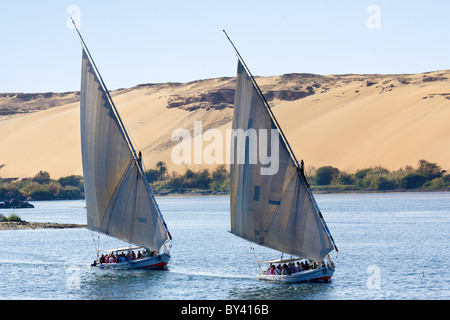 Feluccas before the wind, off the west bank of the Nile- Aswan, Egypt Stock Photo
