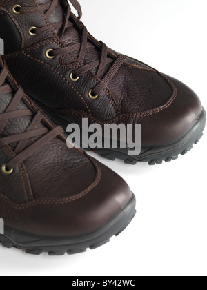 Mens winter leather boots closeup Stock Photo