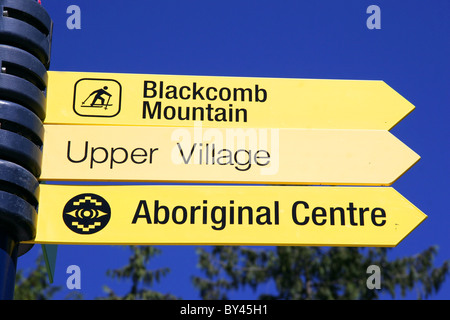 Sign to Blackcomb Mountain, Upper Village and Aboriginal Centre, Whistler, British Columbia, Canada Stock Photo