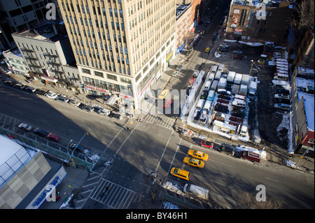 Office and other buildings as well as parking is seen in this aerial of the New York neighborhood of Chelsea Stock Photo