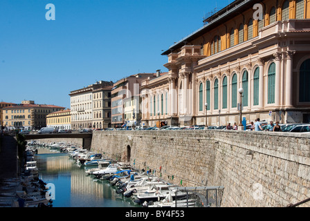 Livorno or Leghorn harbour known as the Venice district, canals with fortified walls Stock Photo
