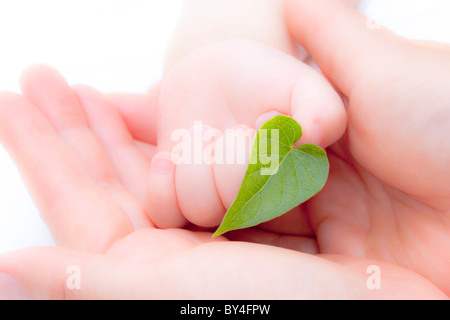 Mother's hands holding baby's hand holding leaf