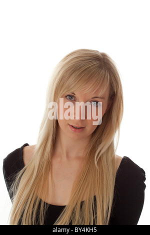 a pretty young blonde woman head and shoulders cut-ot against a white background. Stock Photo