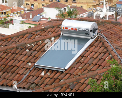 Megasun Durosmalt ST-200 solar water heater on a roof, Puerto de la Cruz, Tenerife, Islas Canarias (Canary Islands), Spain. Stock Photo