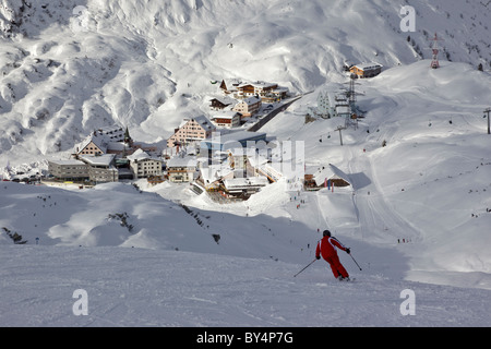 Skiing above the village of St Christoph am Arlberg in Austria Stock ...