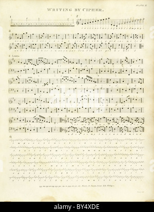1820 engraving, 'Writing by Cipher' showing a musical code for a poem. Stock Photo