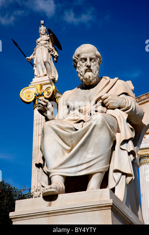 Statue of Plato, ancient Greek Philosopher in front of the Academy of Athens. In the background, statue of Athena. Stock Photo