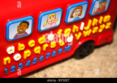 A close up photograph of the alphabet and numbers learning and interactive school bus by vtech for toddlers and young children Stock Photo