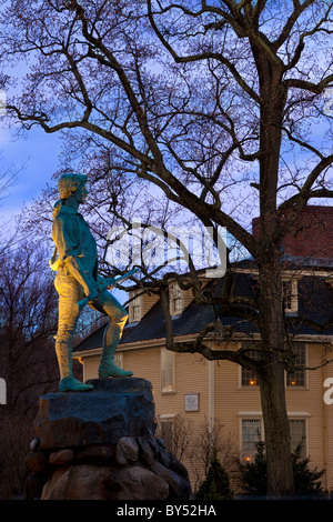 Dusk at the Minuteman Statue with Buckman Tavern beyond, Lexington Massachusetts, USA