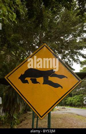 Sloth Crossing sign along Highway 36 outside of the Refugio Aviarios del Caribe Sloth Sanctuary and Rescue Center in Cahuita, Costa Rica. Stock Photo