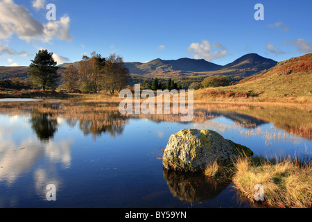 Kelly Hall Tarn, Torver Common, Coniston, UK, Refelections of the fells in the still water. Stock Photo