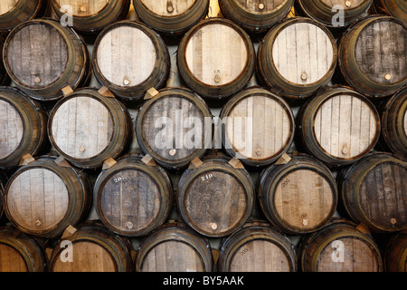 Stacked oak barrels in a winery Stock Photo