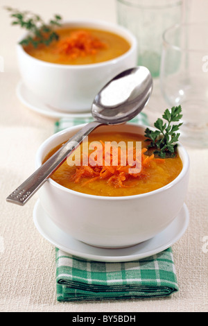 Pumpkin and carrots soup. Recipe available. Stock Photo