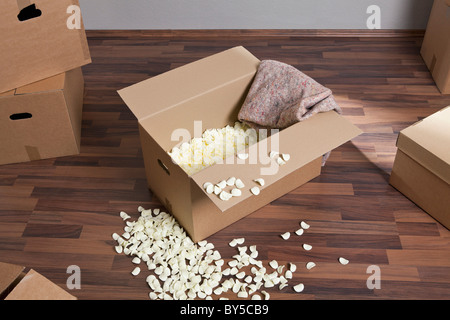 Moving boxes, packing peanuts and a drop cloth Stock Photo