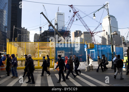 Workers during morning rush hour by Ground Zero reconstruction in lower Manhattan. Stock Photo