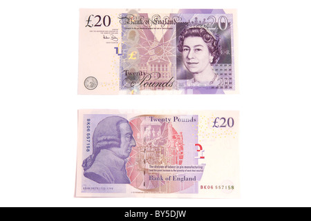 The front and back of an English twenty pound note. Stock Photo