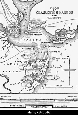 The map shows the layout of Charles Harbor in South Carolina in January of 1861. Stock Photo