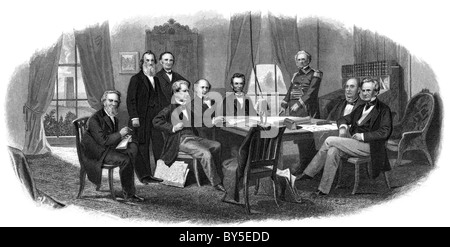 President Abraham Lincoln meets with cabinet and Lt. General Winfield Scott (in uniform) in the Council Chamber at  White House. Stock Photo