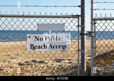 The No Public Beach Access sign on the Cove Point Light compound, Cove Point, Maryland. Stock Photo
