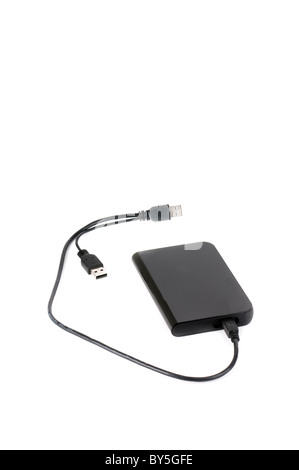 Portable external hard disk drive with USB cable isolated on white background. Stock Photo