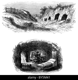 These engravings date to April 1886 and illustrate the caves near Vicksburg, Mississippi in the Civil War. Stock Photo