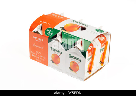 A 6 pack of small cartons of tropicana orange juice on white background, cutout. Stock Photo