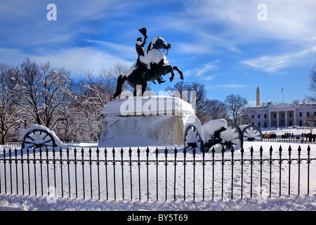 Andrew Jackson Statue Canons President's Park Lafayette Square White House After Snow Washington DC 1850 Clark Mills Sculptor Stock Photo