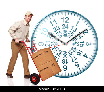 nice 3d image of 48 ours watch on white background and delivery man Stock Photo