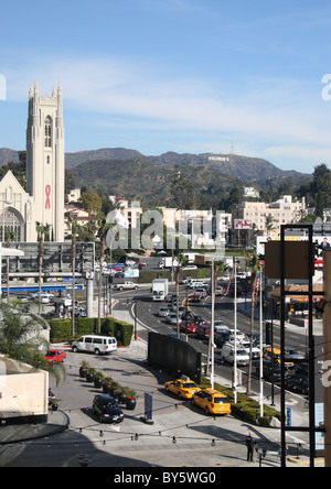 Hollywood sign and Hollywood United Methodist Church off Highland Avenue Stock Photo