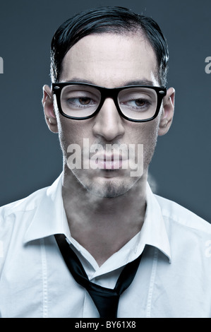 Nerd breathing in a cold winter day Stock Photo
