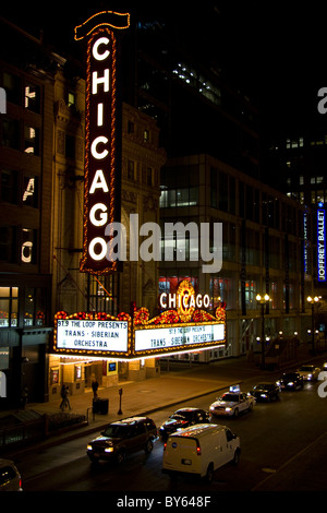 A night view of the Chicago Theatre on North State Street in the Loop area of Chicago, Illinois, USA. Stock Photo