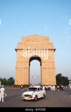 India Gate with White Ambassador Car Stock Photo