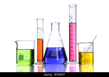 Beakers and laboratory glassware isolated over white background with reflections - With clipping path Stock Photo