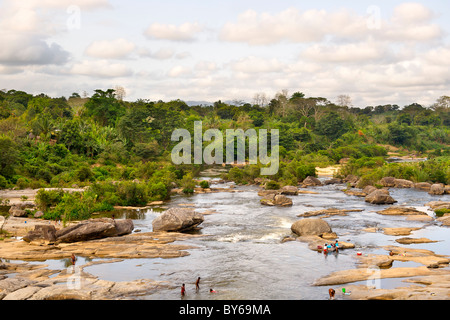 Malagasy people swimming in the Bemarivo river near Antsirabe Nord in the Antsiranana Province of northeast Madagascar. Stock Photo