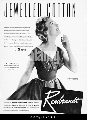 1950s full page advert in ladies fashion magazine for Rembrandt jewelled cotton dress Stock Photo