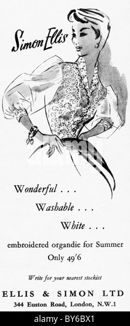 1950s advert in ladies fashion magazine for Ellis and Simon embroidered organdie dress Stock Photo