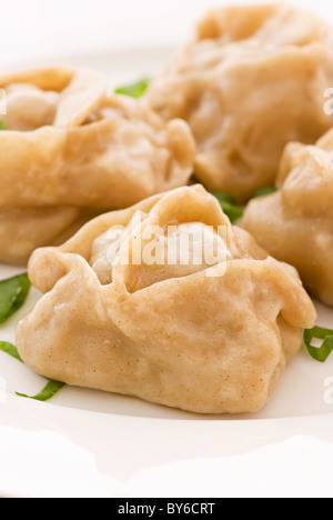 Korean dumplings with herbs as closeup on a white plate Stock Photo