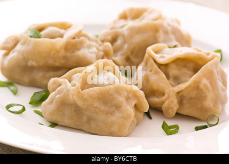 Korean dumplings with herbs as closeup on a white plate Stock Photo