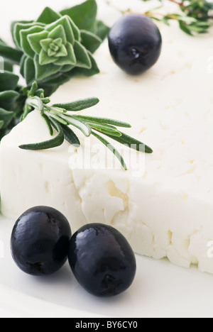 Feta with olives and herbs as closeup on white background Stock Photo