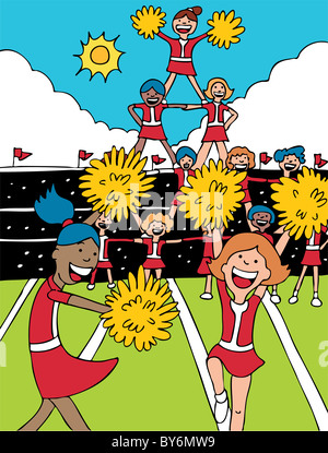 Team of cheerleaders in uniform form a pyramid at a football stadium event. Stock Photo