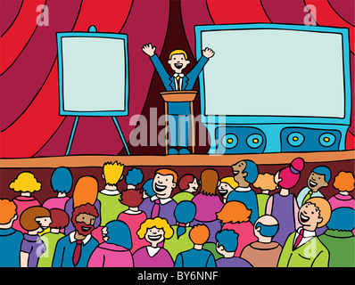 Public speaker presenting to a large group of people on a stage. Stock Photo