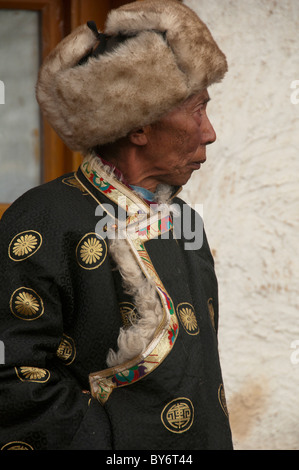 Sherpa Tibetan pilgrim at the Mani Rimdu Festival at Tengboche Monastery in the Everest Region of Nepal Stock Photo