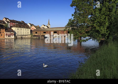 View at the covered bridge across the Rhine river, Diessenhofen, High Rhine, Canton Thurgau, Switzerland, Europe Stock Photo