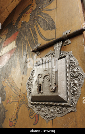 Lock and bar on the gate of the imperial castle, Kaiserburg, Nuremberg castle, Nuremberg, Bavaria, Germany Stock Photo