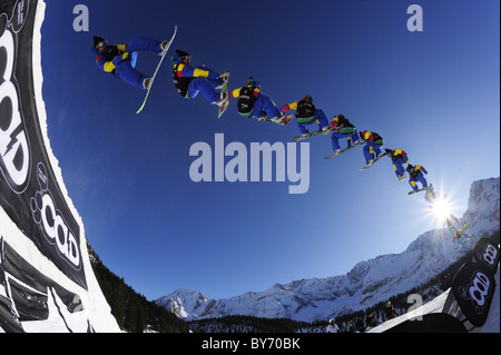 Snowboarder jumping from a kicker, in mid-air, performing a three-sixty, Ehrwalder Alm Funpark, Tiroler Zugspitzarena, Ehrwald, Stock Photo