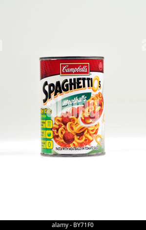 A can of Campbells Spaghetti-O's hoops and tomato sauce with meatballs on white background, cut out. Stock Photo