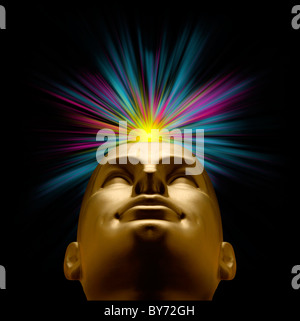 Golden mannequin head looking up with an explosion of pastel light above Stock Photo