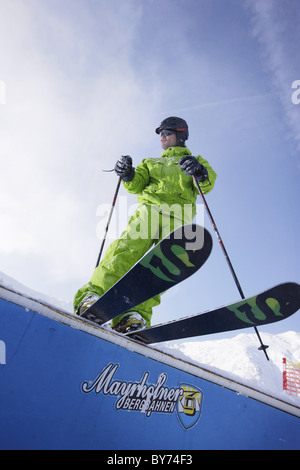 Male free skier on ramp, Vans Penken Park, Mayrhofen, Ziller river valley, Tyrol, Austria Stock Photo