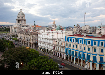 Cuba, Havana. Paseo de Marti. Hotel Telegrafo, Hotel Inglaterra, National Theater, Capitol, from right foreground to left. Stock Photo