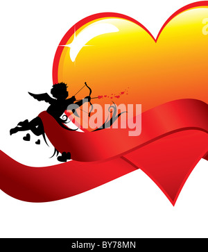 Cupid silhouette with ribbons and big glossy heart illustration. Stock Photo